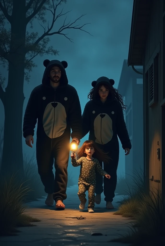 The parents walking down the stairs with their black teddy bear pajamas with the flashlight in their hands, with their daughter behind them in her starry pajamas and her brown hair at night, they were all scared