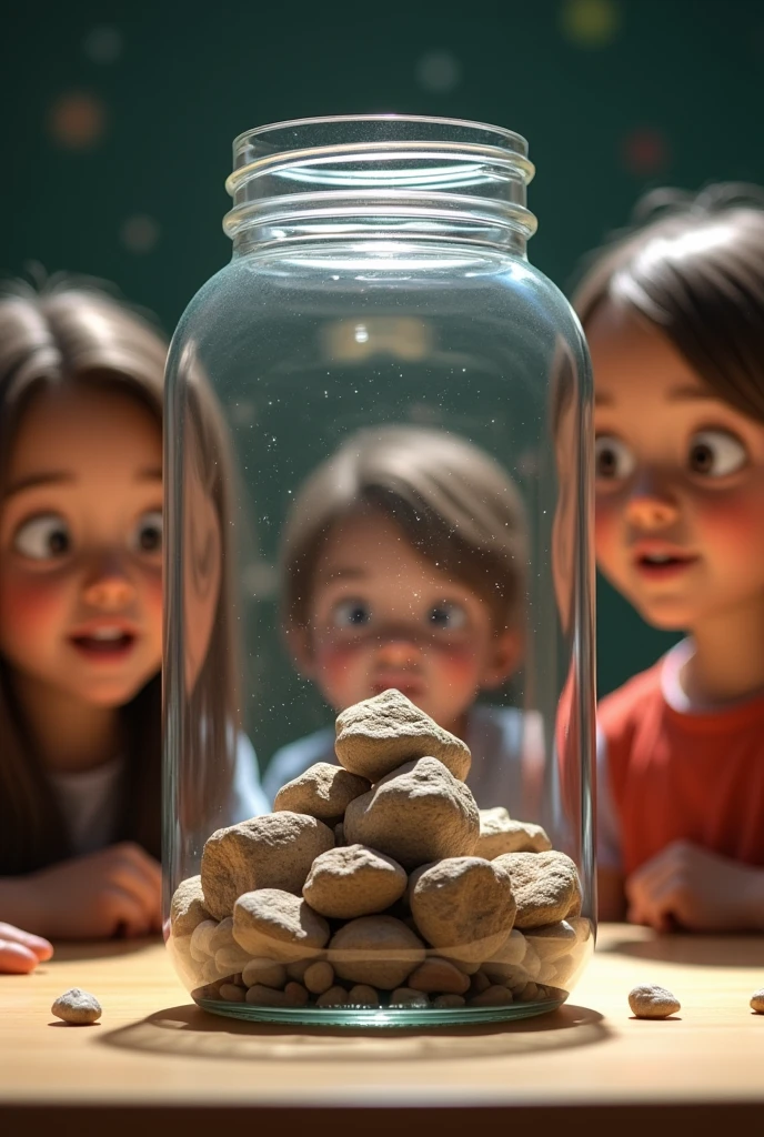 The jar with rocks now has smaller pebbles filling the spaces between them. The teacher shakes the jar slightly, and the students watch in amazement.