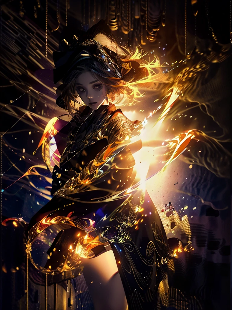 Runic Background、Wearing a black robe、Mage's Clothing、golden hair color、look at the viewer、masterpiece、cute woman、Wearing elegant school clothes