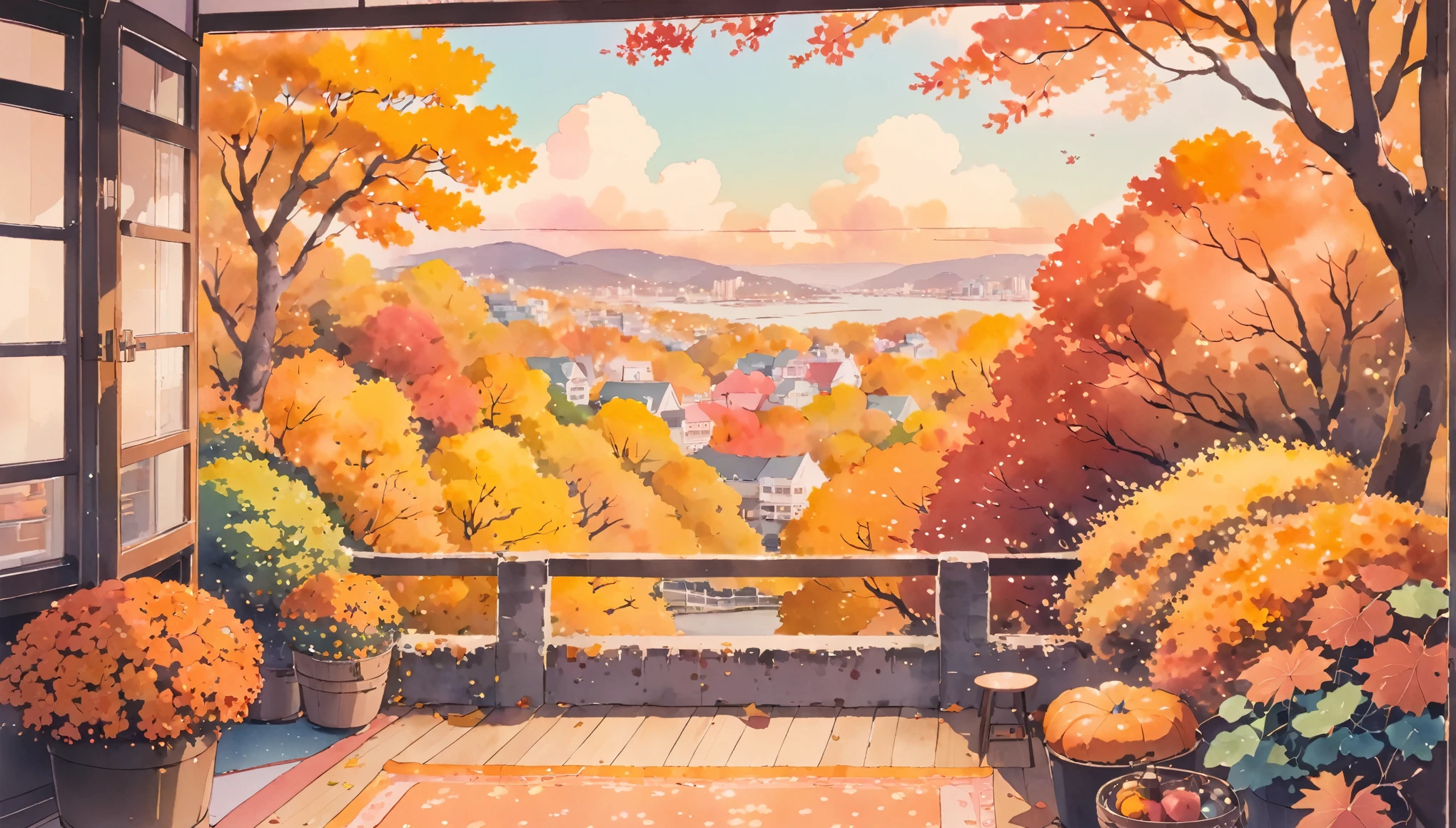 ultrawide Cozy autumn aesthetic fall,Studio ghibli inspired,Watercolor,no people,Lofi,Cute