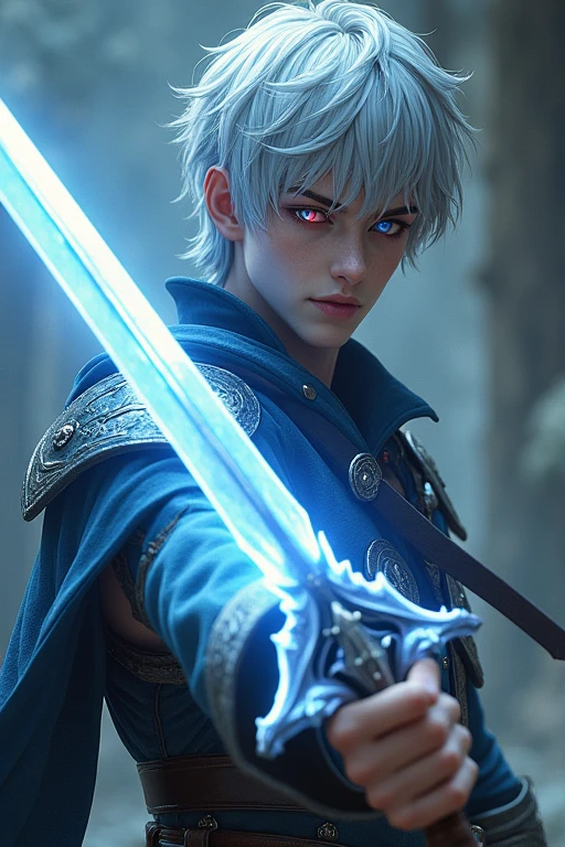 Male, short silver hair, left eye glowing red, right eye glowing blue, 20 years old, holding a white dragon-shaped sword
