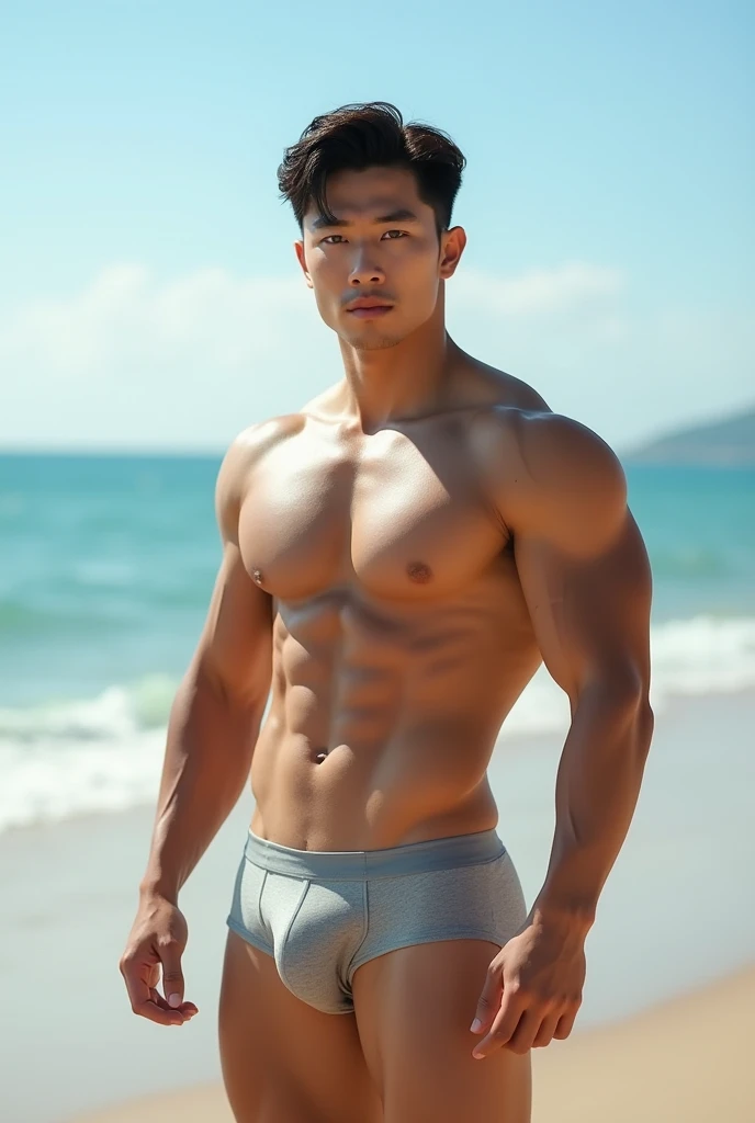 Korean man, handsome, high nose, dark skin, center parted hair, firm abs, wearing only underwear and standing on the beach showing off his muscles.