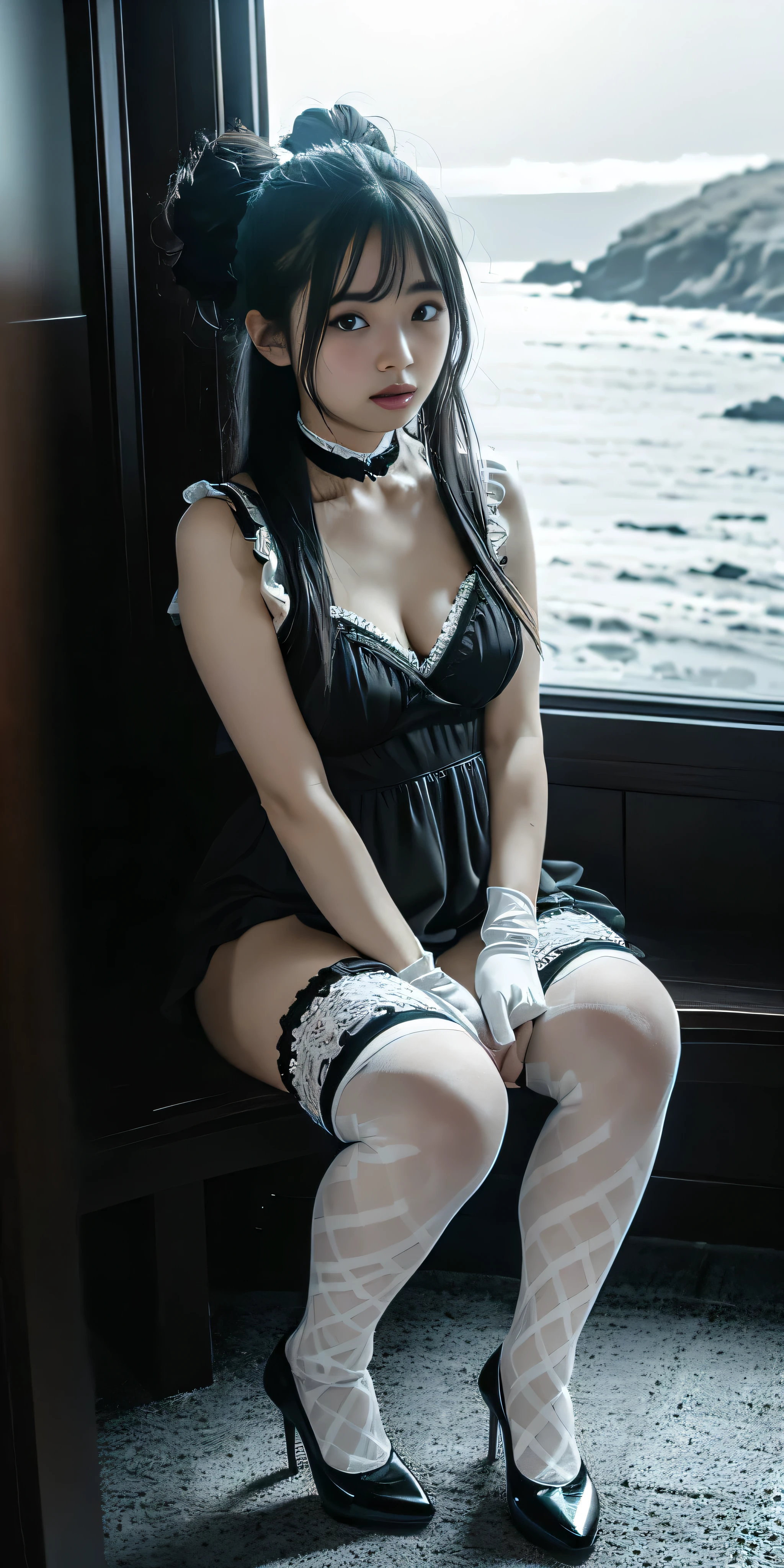 (8k,RAW Photos,Like the picture:1.45),Detailed skin, Detailed face, Detailed eyes, Dutch Angle, Perfect hands, from the front, One person, Cute Japanese Woman, young, Beautiful women in their 20s, 2, Small BreastsOne person, Adult, Mature Woman, Very huge face bigger breasts, Browsing Caution, lingerie, Avatar (series), CHAR-F Avatarseries トフ・ベイフォン シュリク作, (Black Hair:1.2), , Poor Complex (Black and white:1.5) Night dress, , (Long frilly elbow gloves, Lace knee socks, High heels:1.15), (Updo:1.3), Embarrassing, tears, Sitting, wave hands, (Snowy Coast)in,