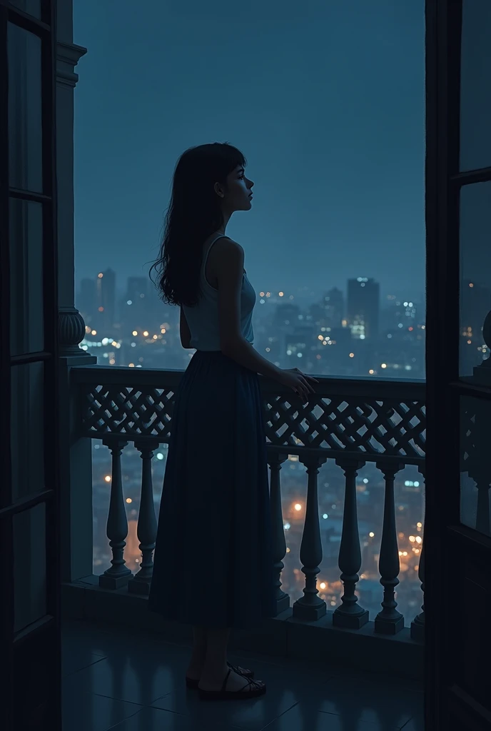 A girl stand at belconi in a dark sky night in dhaka