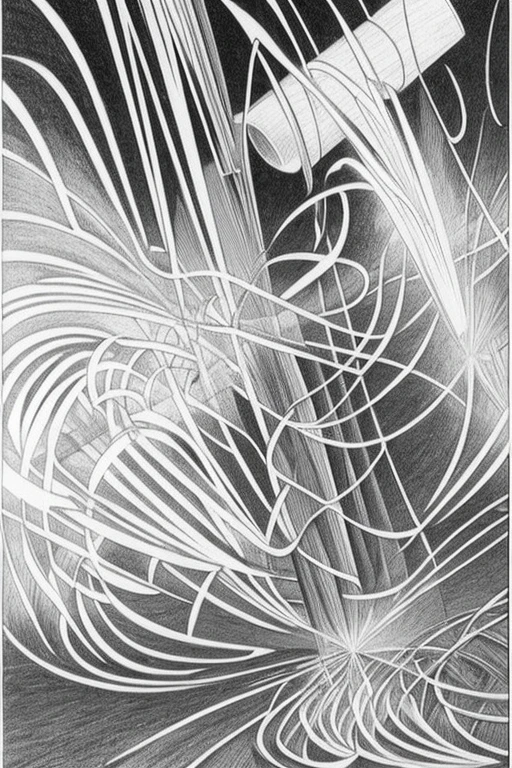 Sparks and dust flying from a lathe machine. Manga-style drawing. Black and white. Amazing drawing.