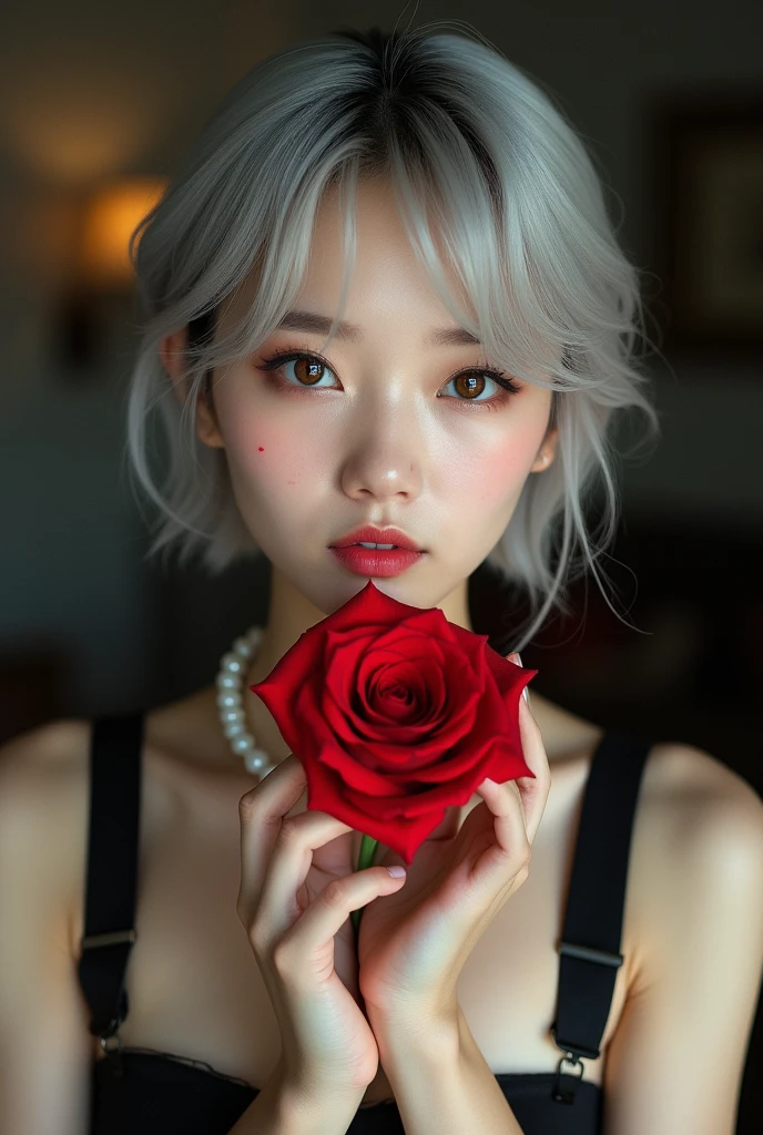 Real People,1 名亚洲女孩手里拿着A red rose,Silver short hair,Beautiful facial features,Exquisite makeup,Exquisite eyes,Eye details,Dark eyeshadow,A red rose,small freckles,Pearl Necklace,Black suspender skirt,Shoulder,arm,Soft light and shadow,