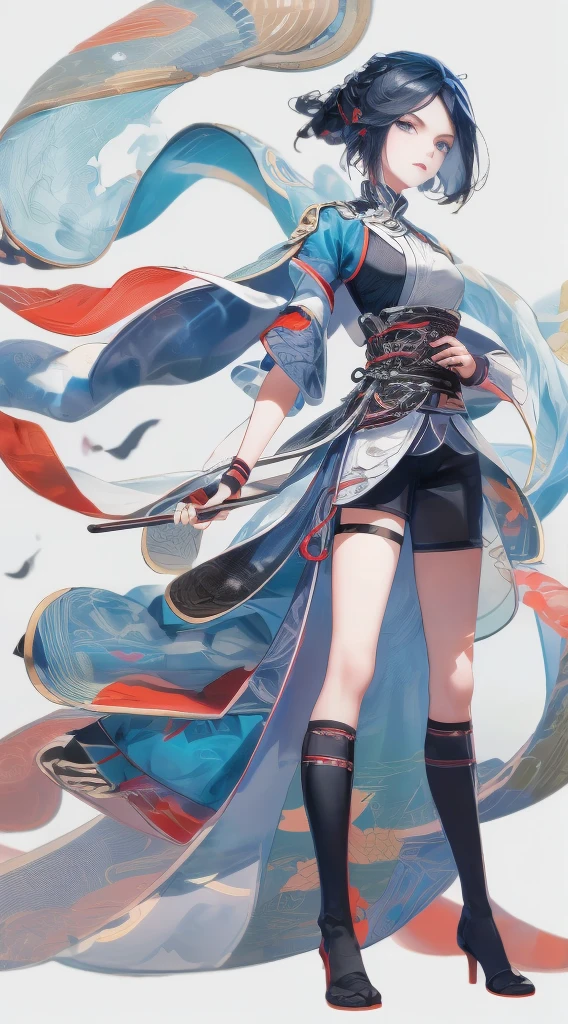 Masterpiece, Best quality, 1 Ji Ruxue, the expression is cold, strong, blue eyes, short hair, wolfcut hairstyle, smoky mix blue color hair, resolute eyes, red lips, simple Taoist Taoist uniform, Chinese mix morden, frontal photo, black or white background, simple background, anime, illustration, Chinese style short-sleeved shirt, cool girl, Ji Ru Xue, Fullbody, blank background , full HD, full body, leggy, standing position, simple background