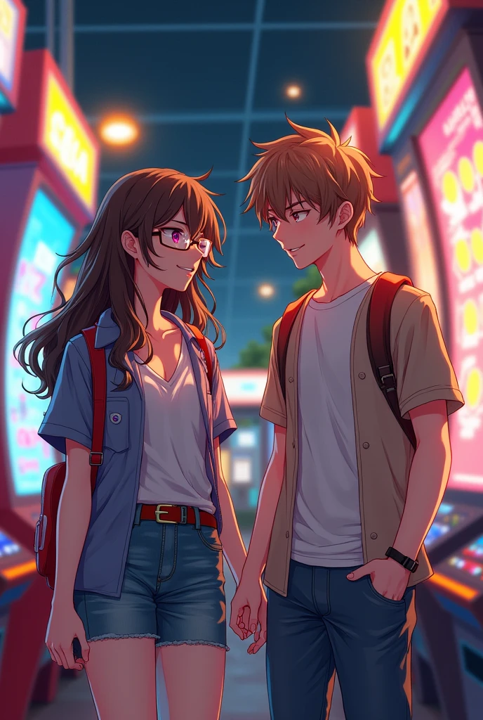 Two friends at an arcade,anime style,one girl with brown and slightly curly long hair that wears glasses and one boy with light brown hair and wears a tight tshirt