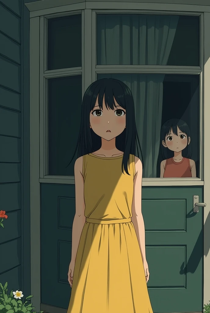 A girl aith disappointed face wearing yellow sleeveless frock standing outside a house with closed door and another girl pf  looking at her through a bay window of that house