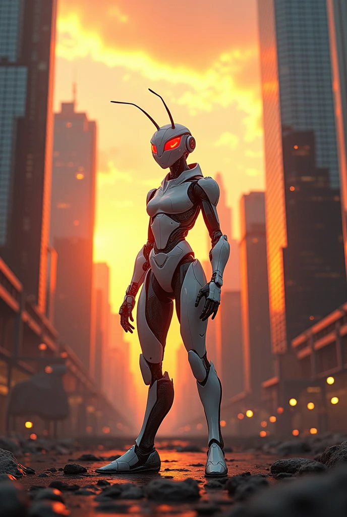Fire ant in white glossy cyborg costume statandig between sky scrapers at sunset
