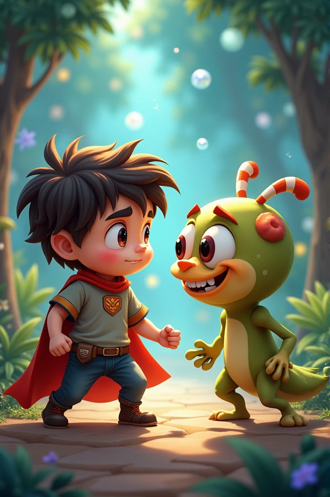 The cute little hero and the little monster are in conflict