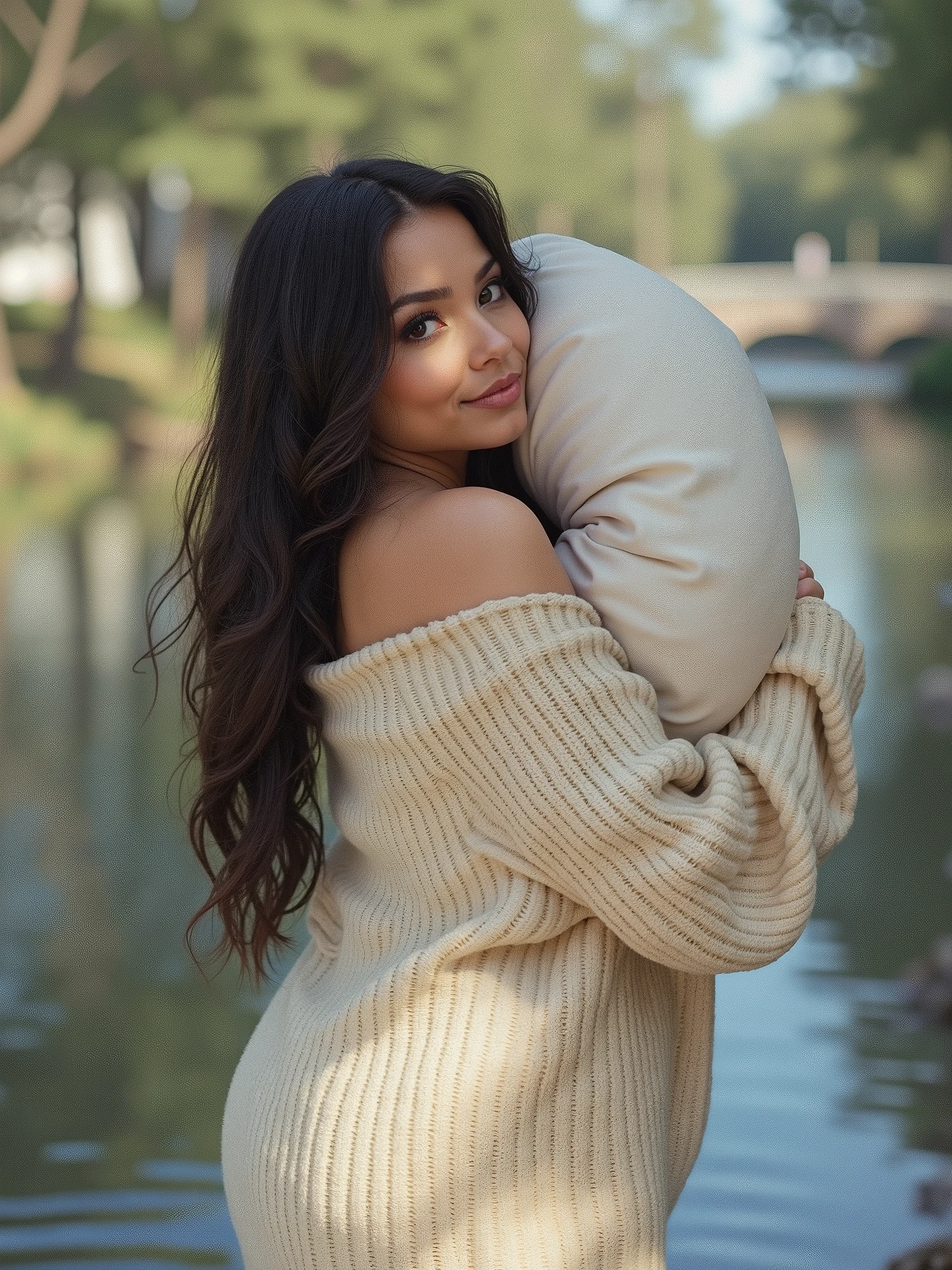 1 girl walking on the river, chubby, chubby face, big , mix 4, border sleeveless sweater, pillow, lips, open mouth, realistic, photo_\(medium\), solo, (masterpiece), (photorealistic: 1.3), ultra detailed, (high detail) skin: 1.2), (best quality: 1.0), (ultra high resolution: 1.0), (Orchan-6500: 0.3), wavy detailed hair, long hair, sunshine, (beautiful detailed makeup), (sexual arousal, blush, rough breathing: 1.0), sexy cleavage