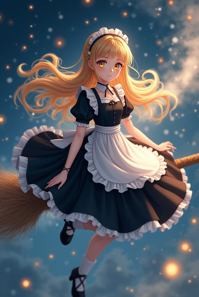 Cute blonde with long hair and one braid, witch&#39;s hat, teenager, flying on a broom, yellow eyes, white skin, black and white maid outfit, falling starlight, sparkling background