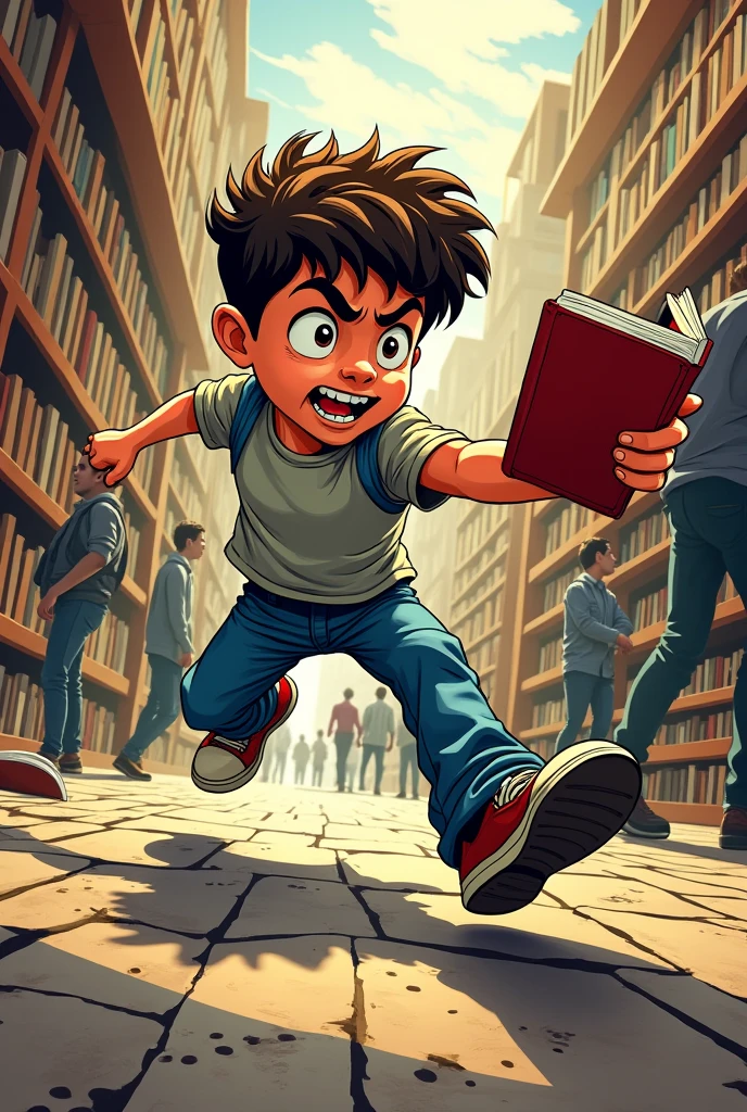 (comic) A boy try to snatch a book.