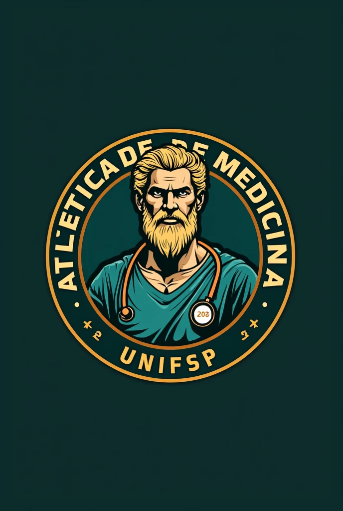 Here is a prompt you can use:
"
"Create an illustrated logo for an athletics company 'ATLÉTICA DE MEDICINA UNIFSP',' inspired by the Manchester City logo. The design must feature a circular emblem with a, head and torso of the god Asclepius with a stethoscope around his neck stylized in the center. The surrounding ring should include the team name 'ATLÉTICA DE MEDICINA UNIFSP' at the top and the year of foundation '2024' at the bottom. Use a color palette that conveys power and elegance, like dark green, blackw, and gold. Incorporate subtle elements, to highlight the topic of medicine, keeping the overall look modern and bold."."