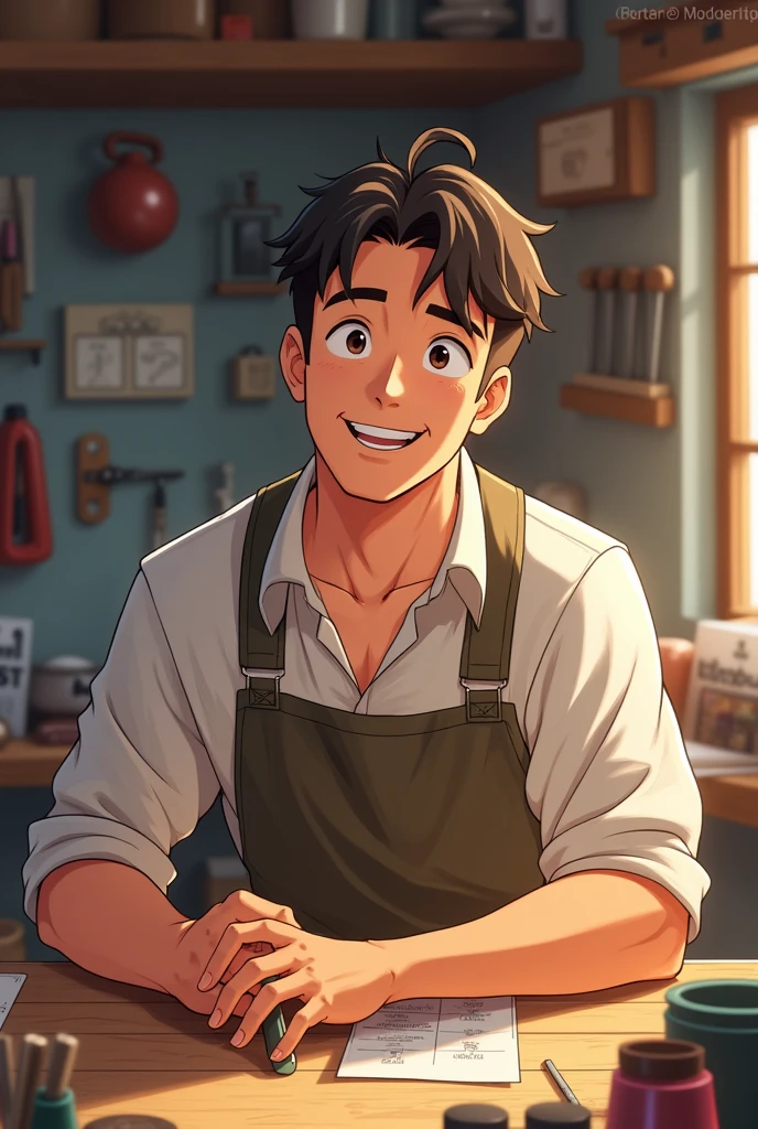 Man alone working hard and smile keep it in anime
