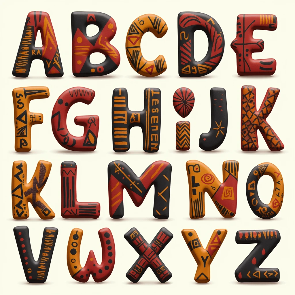 Create an image of a complete alphabet from A to Z, each letter stylized to reflect elements of African culture. Letters should have organic shapes, with curved and fluid lines. Incorporate geometric patterns like triangles, diamonds, and parallel lines inspired by traditional fabrics such as kente, bark and batik. Letter textures should imitate natural surfaces, like carved wood, stone, and fabrics, reminiscent of African masks and body art. Use vibrant colors like red, yellow, Unripe, and brown, or opt for a black and white style with tribal details. Each letter must be unique, representing different aspects of Africa's rich cultural heritage, like tribal patterns, adinkra symbols, natural elements, and references to artisanal techniques.