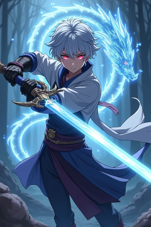 Male, short silver hair, left eye glowing red, right eye glowing blue, 20 years old, holding a white dragon-shaped sword, anime