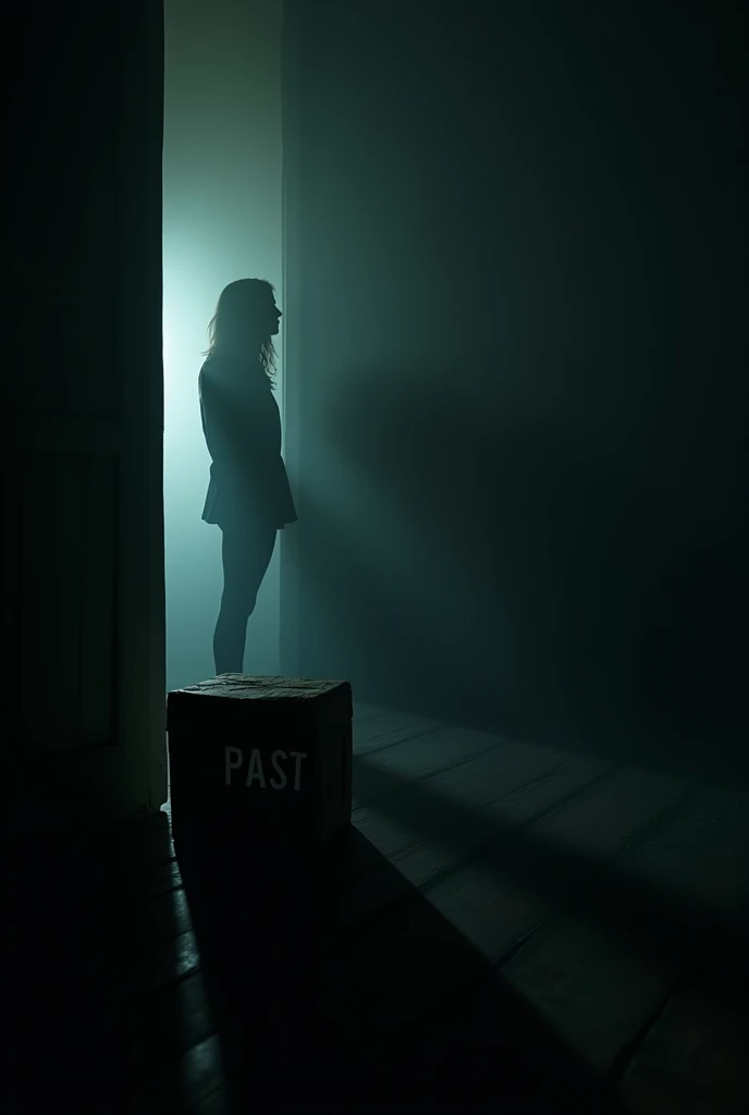An image with a cinematic full shot where there is a lamp that illuminates one part of a room and the other part of the room is dark, the person is in the light part and does not look back. , There is also a box that says past in the dark part of the room