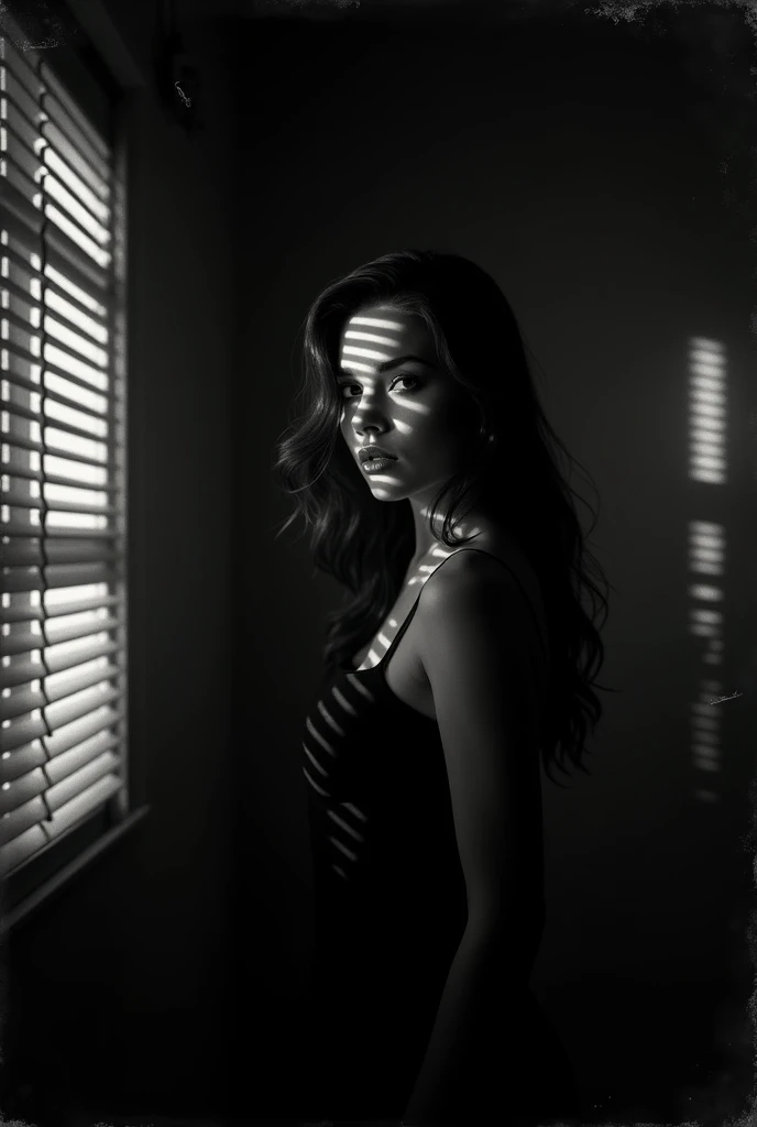 [MY PHOTO] + A grainy black-and-white still from an old film noir movie of the femme fatale standing in her dark apartment, with light filtering through blinds creating dramatic shadows on her face. The atmosphere is intense and mysterious, capturing the style reminiscent of classic cinema --chaos 7 --ar 2:3 --style raw --v 6.1 --stylize 200
