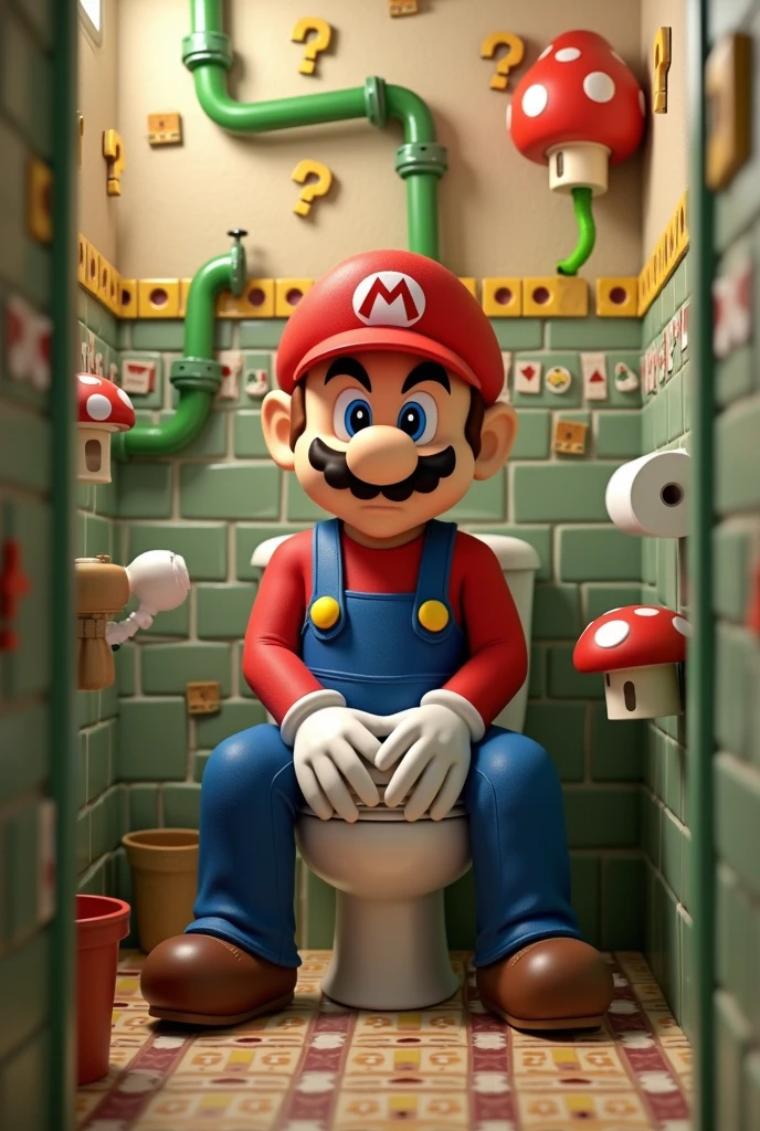 Mario character from Super Mario Bros is using the toilet in a bathroom with random Super Mario Bros decoration