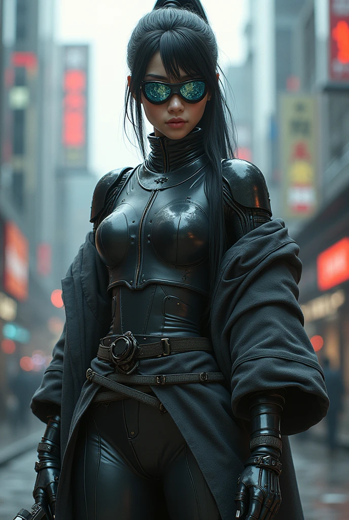 3000Year、Chiba、A female samurai with a cyborg half-body、cyber punk、(((Mirror goggles embedded in the face)))、I can't see your gaze、Grab a gun、推定Year齢28Year、Bodysuits that fit the body、Casual wear、Wear a half-coat