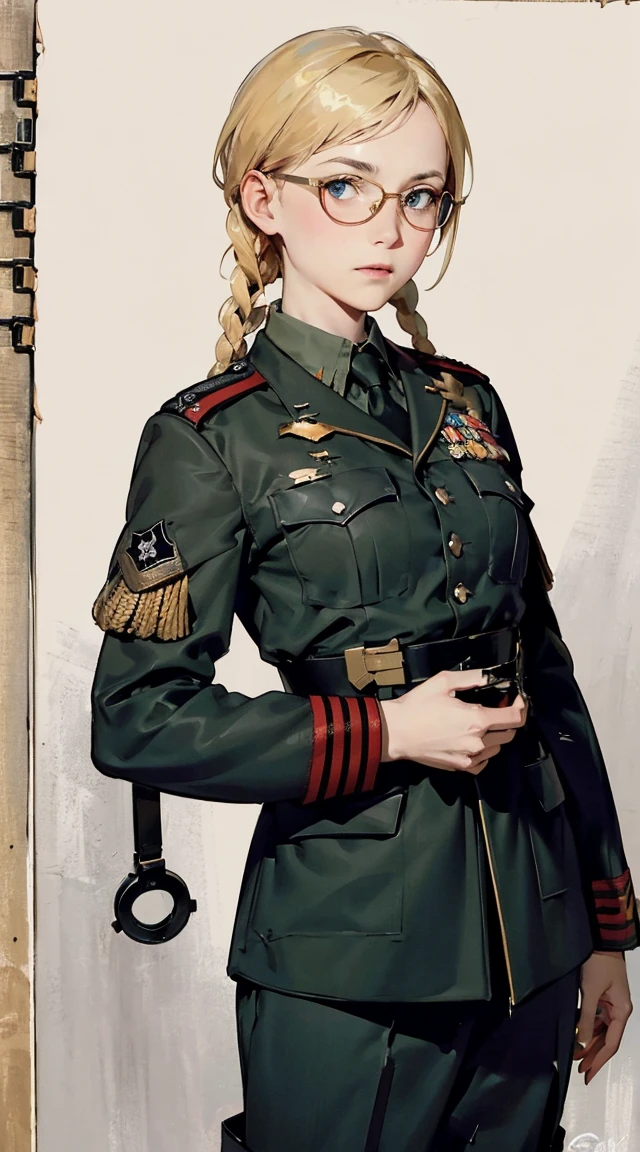Modest outfit, remote shot, detailed beautiful delicate face, detailed beautiful delicate eyes, perfect facial proportions, high-definition skin, fine skin, four-inch best ratio. With one thumb, a masterpiece, highly detailed, realistic, (World War II German general uniform reference : 1.8), the highest face resolution, adult, modestly dressed woman, dressed entirely, ( small, black hair, black straight bangs, super fine braids, straight bangs, red glasses, dark green eyes), future, science fiction, fighter plane, standing On the landing of a fighter plane, the government agency, a deep intelligent personality, a calm expression, a respectful face, a war, a fighter plane  (La mejor calidad:1.1), (Obra maestra:1.4), (absurdos:1.0), retrato, primer plano,1girl, Marinero Urano, KizukiAi, Mujer madura, small breasts, aqua eyes, cabello rubio, Uniforme Sailor Senshi, Collar de marinero, arco de pecho, Arco trasero, Falda suplicante, Guantes blancos de codo, Acostado boca abajo, en el suelo, con el trasero en alto, mostrando el culo de espaldas, without looking back　masterpiece, Nikke, goddess of victory character, (battle android model), female character android, (wearing jacked with straps, cargo pants, military vest), (holding weapon), action pose, battle damage, (visible (damaged:1.5) electrical (android parts:1.3)), (wallpaper, screensaver)