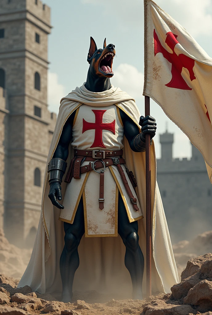 make a humanoid Doberman dressed in the clothes of the Knights Templar carrying the flag of the Knights Templar and roaring