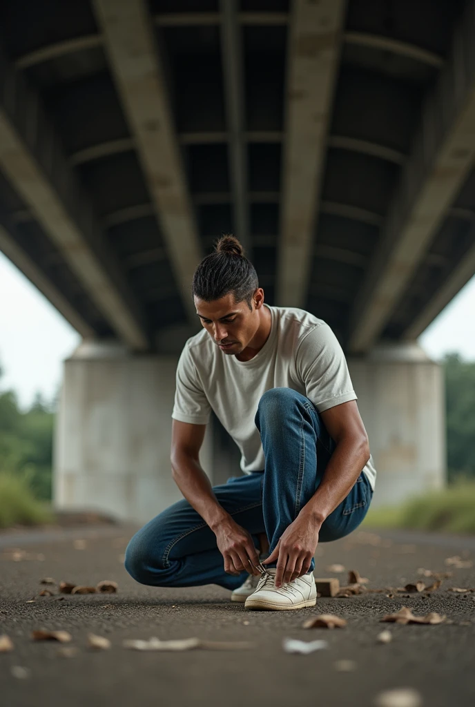 A picture of Cristiano Ronaldo patching his shoes under a bridge on a tour