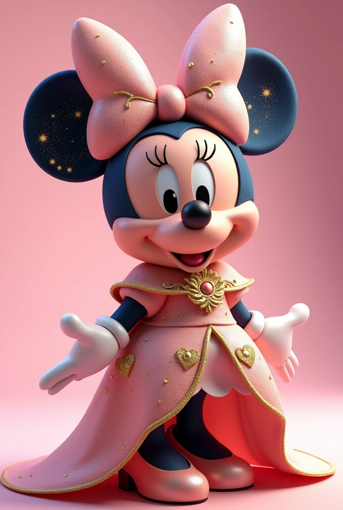 Create an image of baby Minnie Mouse wearing an elaborate fantasy-themed costume. Her ears should have a night sky design with gold stars and swirling patterns on a light pink background.. Minnie&#39;s face should have her classic happy expression with bright eyes, round nose and a wide smile. Your clothing should resemble your real appearance., Predominantly pink with intricate shiny gold embellishments. The costume should feature rich and heavenly patterns., with a high collar and a luxurious cape draping behind it. The overall aesthetic should be magical and majestic., making Minnie look like a character from a fantasy kingdom.