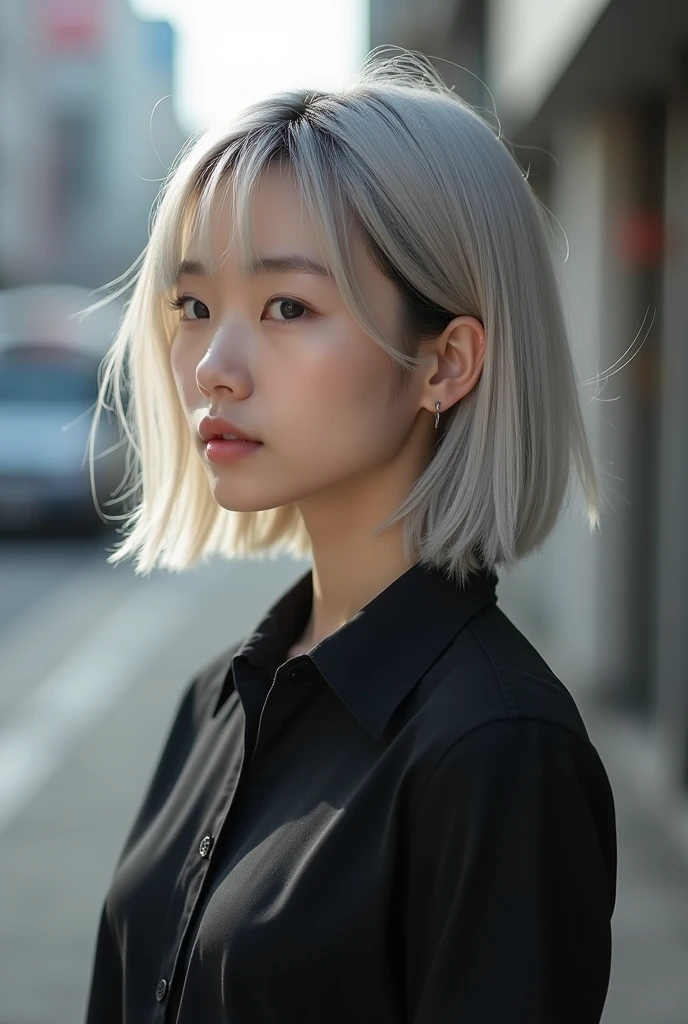 Side view,(8k, RAW Photos, Highest quality, masterpiece:1.2),Natural light,Small breasts,(Real human skin,Detailed skin:1,4),Upper body photo,((Flat Hair,Straight short bob hair,Bleached Hair,Transparent bangs:1,6)),Black Shirt,Japanese、Realistic skin texture、Street Snap、24-years-old、round face、