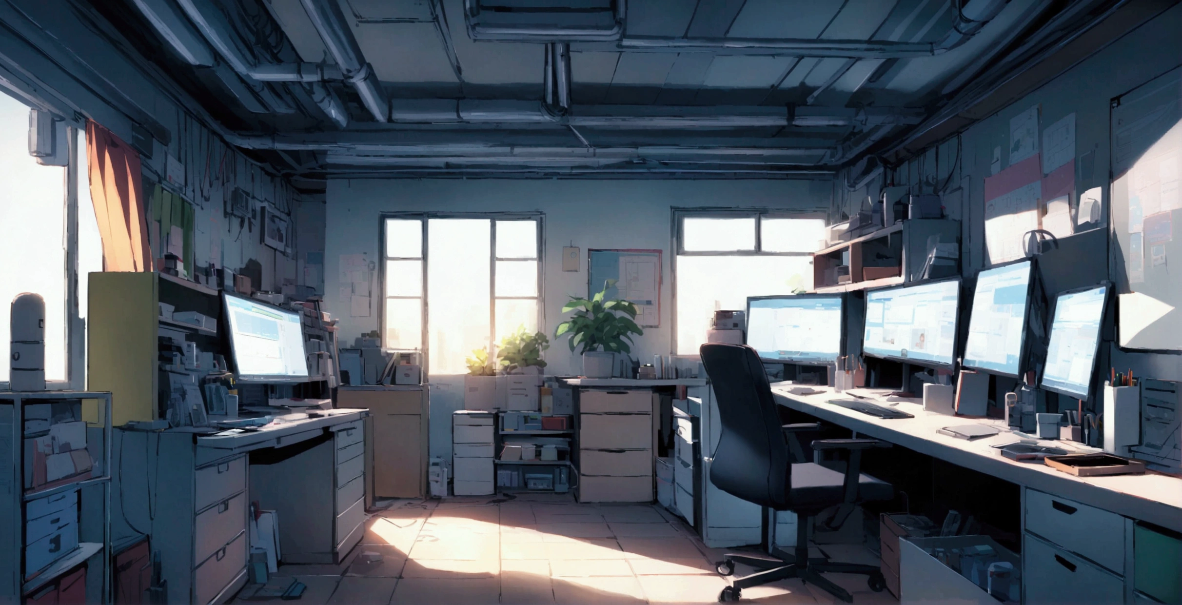 Room with multiple monitors、I work in marketing、automation、it、tools、Unripe