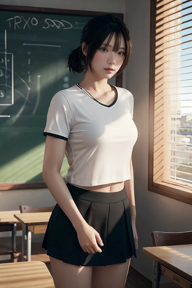 1 girl, ภาพช็อตของ re4ashley, About sports, black , white shirt, classroom, Volumetric light, best quality, Masterpiece, complicated details, Tone mapping, Sharp focus, There are too many details., Trending on artstation, realistic,