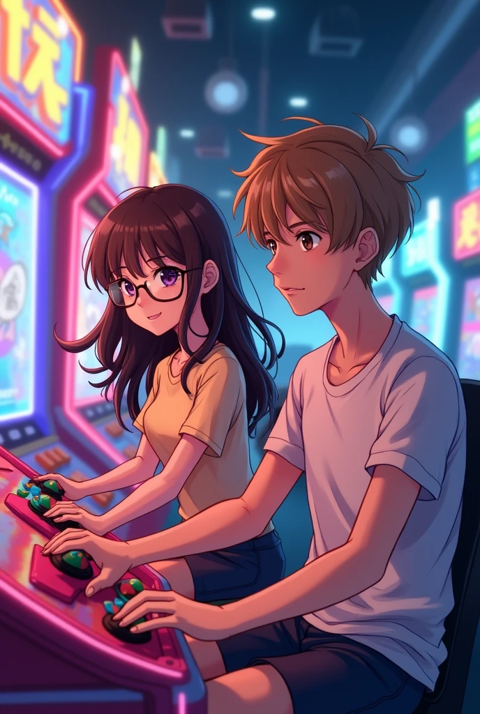 Two friends at an arcade,anime style,one girl with brown and slightly curly long hair that wears glasses and one boy with light brown hair and wears a tight tshirt, playing a game