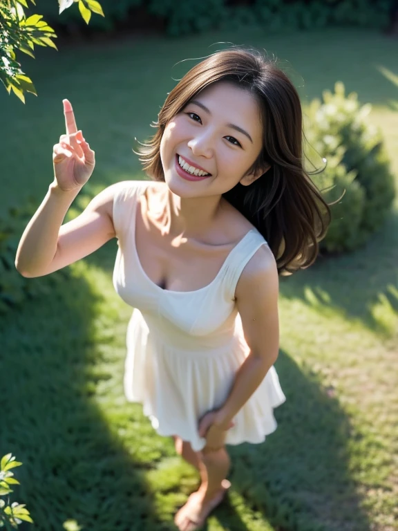 A drone-captured aerial view of a beautiful Japanese woman standing in an open field, looking up towards the sky with her arms fully raised in a joyful, celebratory gesture. The perspective is from directly above, highlighting the height and distance as the drone captures her entire body in the frame. She has a delicate and symmetrical face with soft, refined features that remain visible despite the top-down angle. Her dark, glossy hair flows around her as it is gently tousled by the breeze. She is wearing a flowing white dress that contrasts elegantly with the lush green grass beneath her, and her long, graceful legs are visible in the full-body shot. Her expression is serene and joyful, her large, expressive eyes gazing upwards as the sunlight casts soft shadows, enhancing the depth and realism of the scene. The aerial view emphasizes the sense of openness and freedom in the moment.

