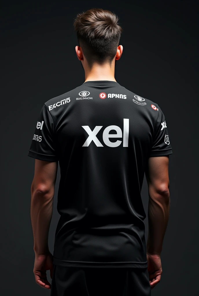 a close back shot of a guy without head wearing a black eSports jersey with sponsorships and with "XEL" written on the back with black background and a side pose, 