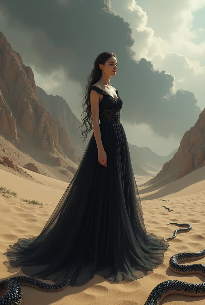 Young lady queen with full covered  black dress   with snakes in sand mountain area with black smoke at sky 