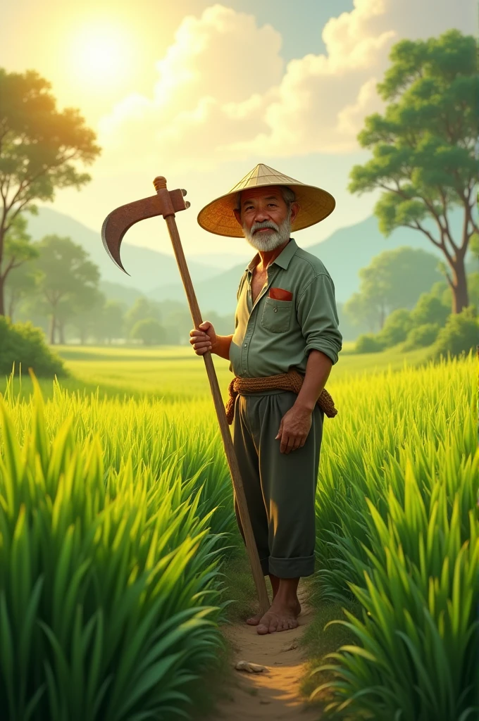Create a picture of a green rice field with a farmer named "Uncle Chai" Holding a sickle in the middle of a rice field, amidst bright sunlight.*Please give me some.