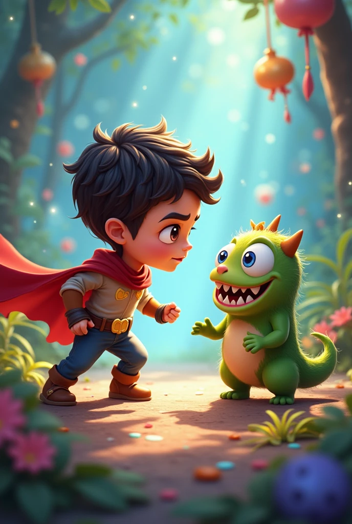 The cute little hero and the little monster are in conflict