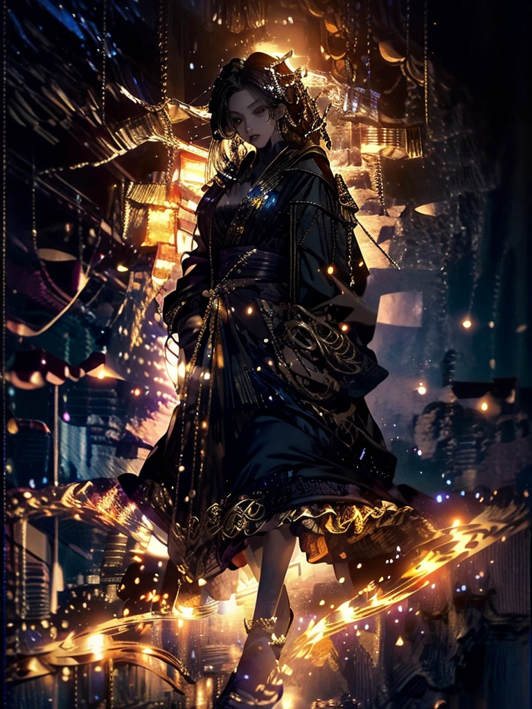 Runic Background、Wearing a black robe、Mage's Clothing、golden hair color、look at the viewer、masterpiece、cute woman、Wearing elegant school clothes