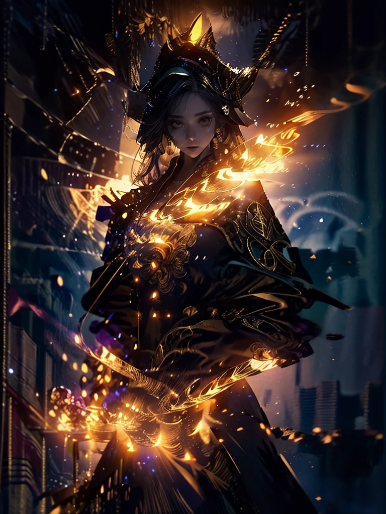 Runic Background、Wearing a black robe、Mage's Clothing、golden hair color、look at the viewer、masterpiece、cute woman、Wearing elegant school clothes