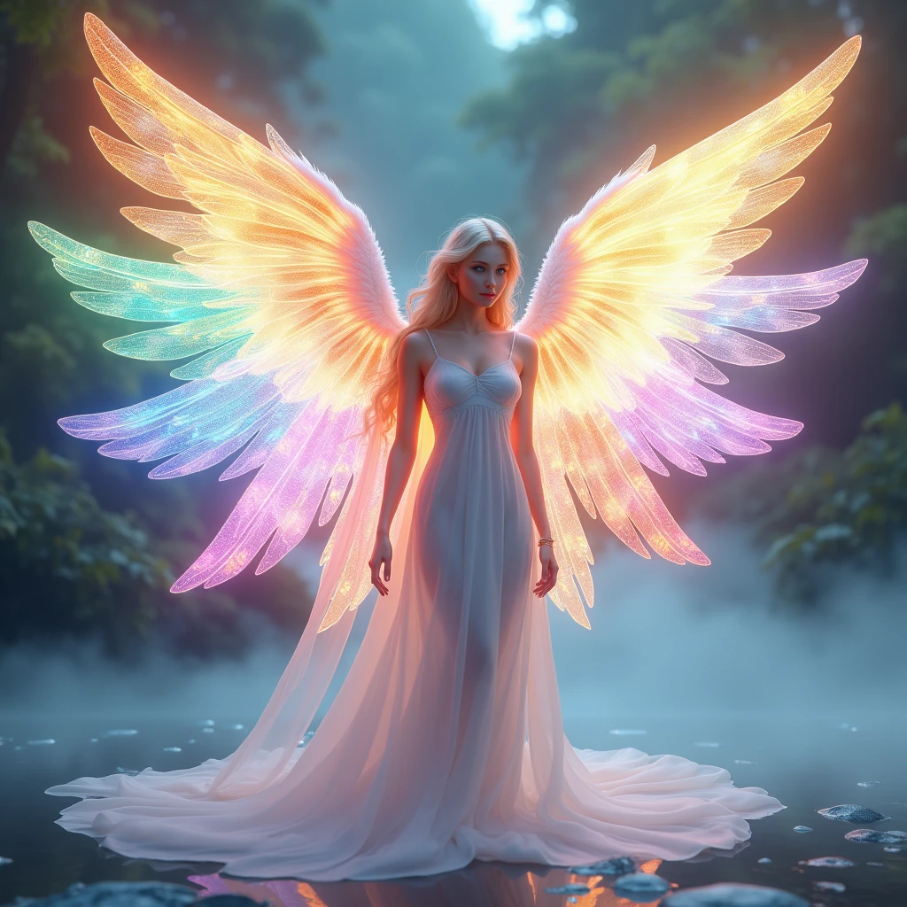 ((((A neat angel with 6 wings of different colors))))、One person,((((All 6 wings are different colors.))))、 (((ドレス姿1.5))), ((((3 pairs of 6 wings:2.0)))), Beautiful angel, (((The upper wing is warm colored, the middle wing is iridescent, and the lower wing is cool colored.))), (rainbow colop body), 2 tails, Holographic, (The wings are symmetrically paired;1.8), Rainbow gradient