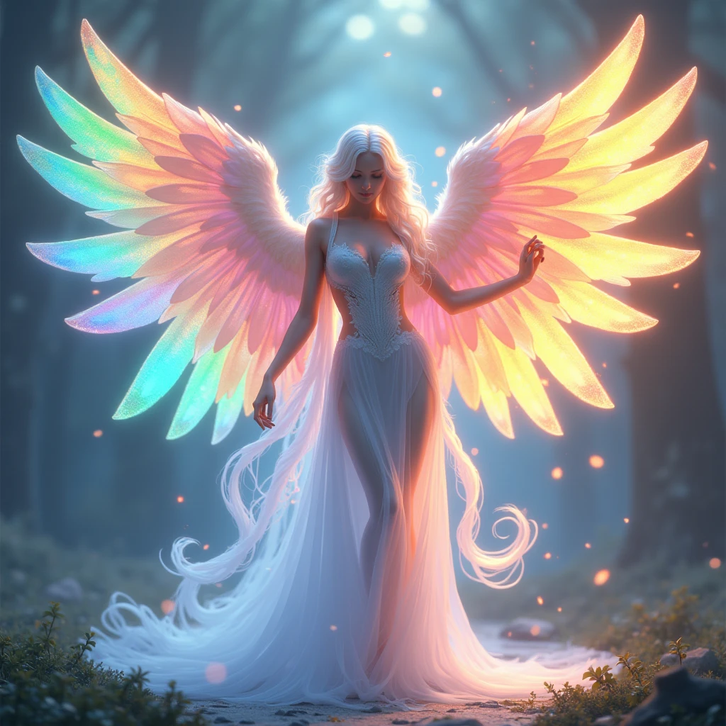 ((((A neat angel with 6 wings of different colors))))、One person,((((All 6 wings are different colors.))))、 (((ドレス姿1.5))), ((((3 pairs of 6 wings:2.0)))), Beautiful angel, (((The upper wing is warm colored, the middle wing is iridescent, and the lower wing is cool colored.))), (rainbow colop body), 2 tails, Holographic, (The wings are symmetrically paired;1.8), Rainbow gradient