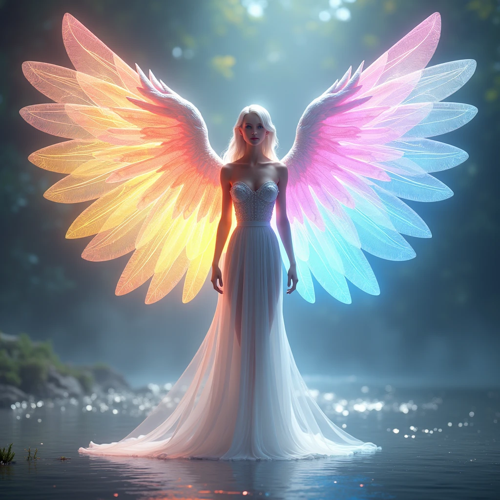 ((((A neat angel with 6 wings of different colors))))、One person,((((All 6 wings are different colors.))))、 (((ドレス姿1.5))), ((((3 pairs of 6 wings:2.0)))), Beautiful angel, (((The upper wing is warm colored, the middle wing is iridescent, and the lower wing is cool colored.))), (rainbow colop body), 2 tails, Holographic, (The wings are symmetrically paired;1.8), Rainbow gradient