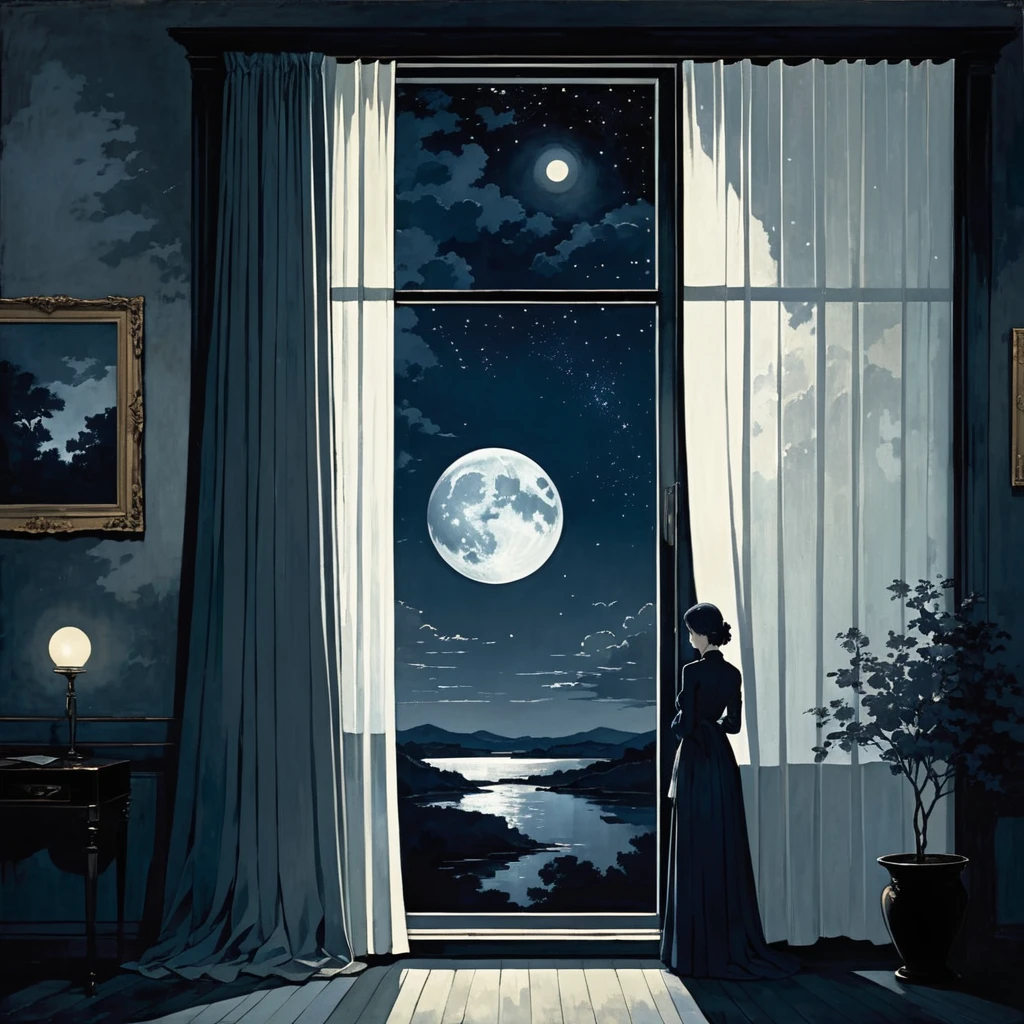 The scene shows a solitary figure standing by a window, looking out at the night sky. The window is slightly open, allowing a cold breeze to enter, and the curtains gently billow. The room is dimly lit, with the figure's silhouette framed by the moonlight. Outside, the stars are faint, and the night feels vast and lonely. The color palette should be subdued, with deep blues, soft whites, and muted grays, to emphasize the melancholy and introspective mood,Big Full Moon