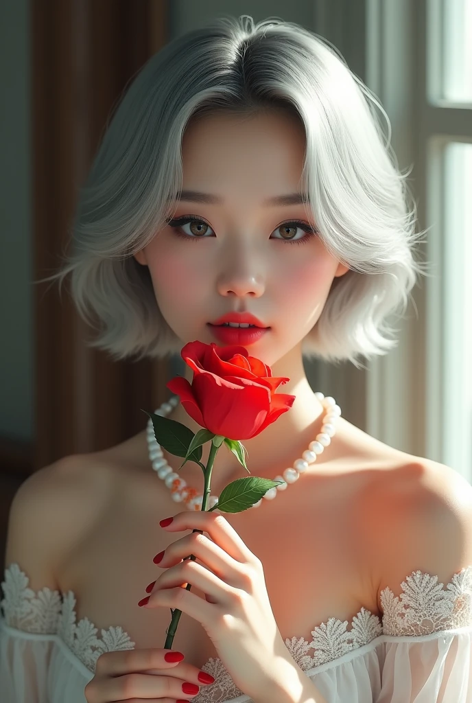 Real People,1 名亚洲女孩手里拿着A red rose,Red nails,Silver short hair,Beautiful facial features,Exquisite makeup,Exquisite eyes,Eye details,Dark eyeshadow,A red rose,small freckles,Pearl Necklace,Black suspender skirt,Shoulder,arm,Soft light and shadow,