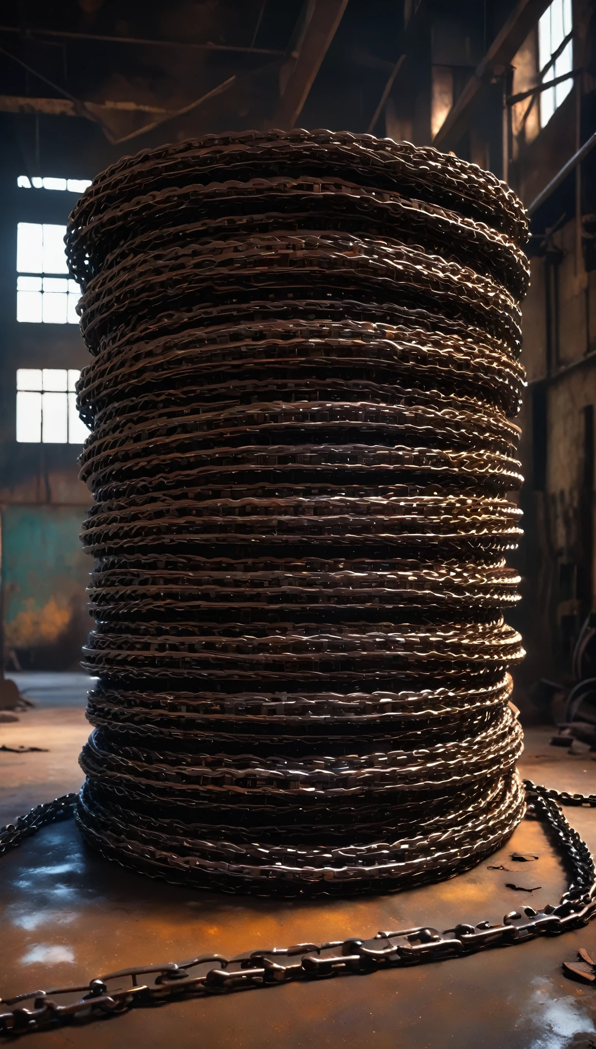 ((放置されたMetalの鎖)), Metalの艶感, Lost Glitter, Dull shade, coldness, Metal, intricately intertwined chains, Sturdy Chain, (A pile of rusty chains:1.4), Realistic, フォトRealistic:1.2, Highest quality:1.2, Very detailed, Abandoned factory background, Job table, Fine art, Contemporary art, Chain Art.