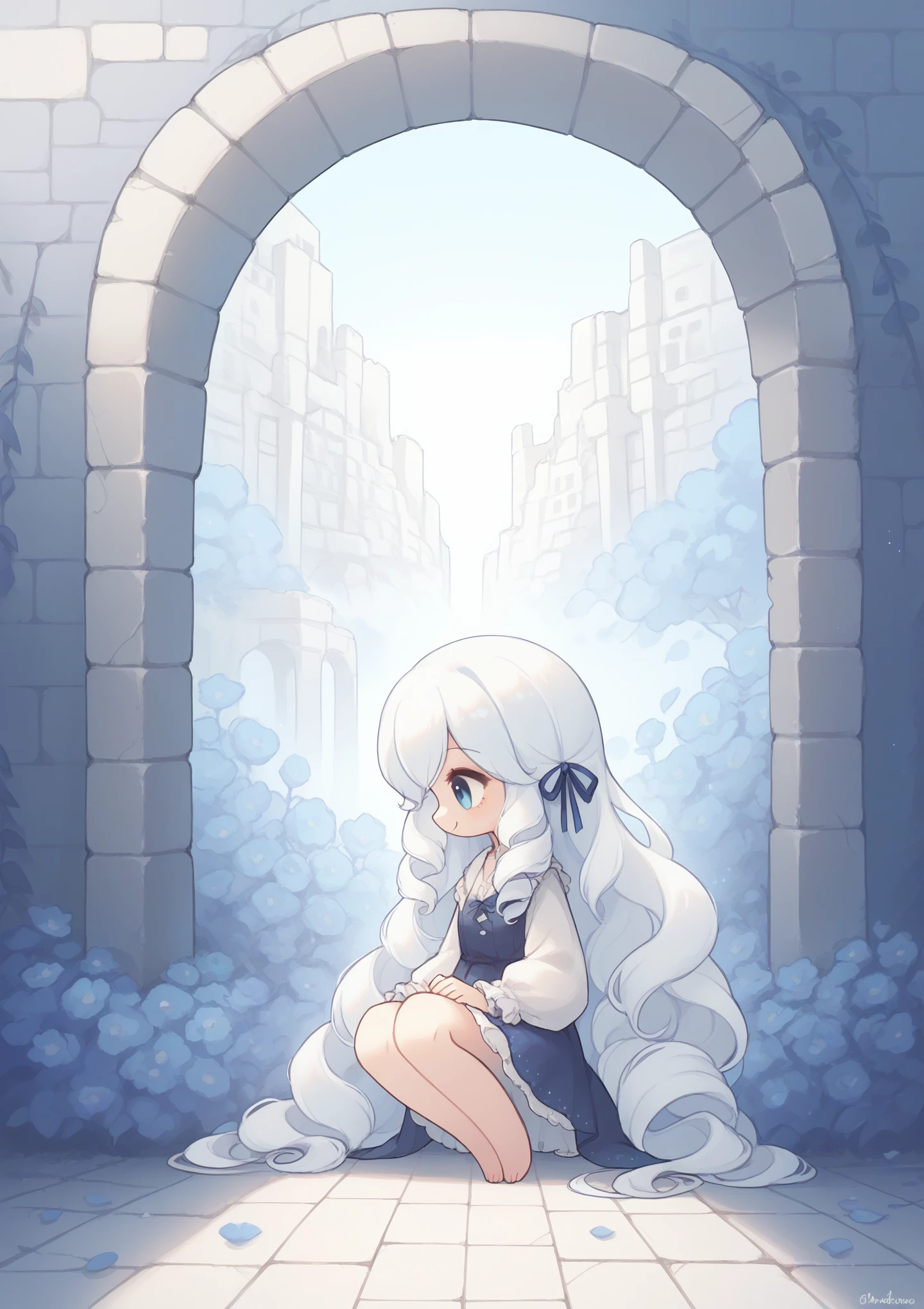 Gothic architecture，1 Girl，White extra-long curly hair，Blue Eyes，Small blue flowers blooming on the ground，Blue Flower Air Dance，Smile，Reach out，White flowing ribbon，barefoot，Sunlight，Movie lighting，ruins，Raise your hand，Floating，Profile，（Extra long hair），（White hair），Create Adam，cute，sit down