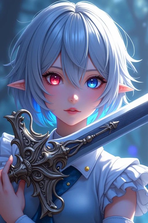 Female, short silver hair, left eye glowing red and right eye glowing blue, heterochromatic eyes, 20 years old, holding a white dragon-shaped sword, anime