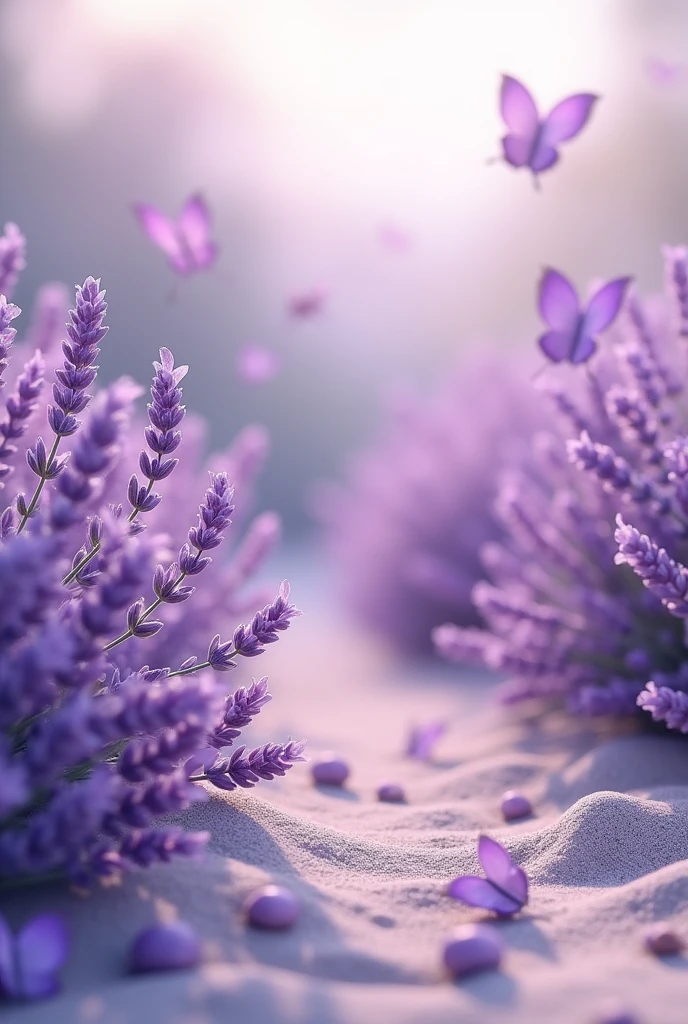 lavender essential oil, lavender flowers in the air tonka bean with sand, in a lavender environment, with meta flowers and also lavender